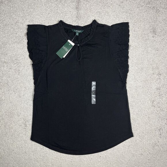 Lauren Ralph Lauren Blouse Womens Small Eyelet Keyhole Ruffle Minimalist Career - Picture 2 of 14